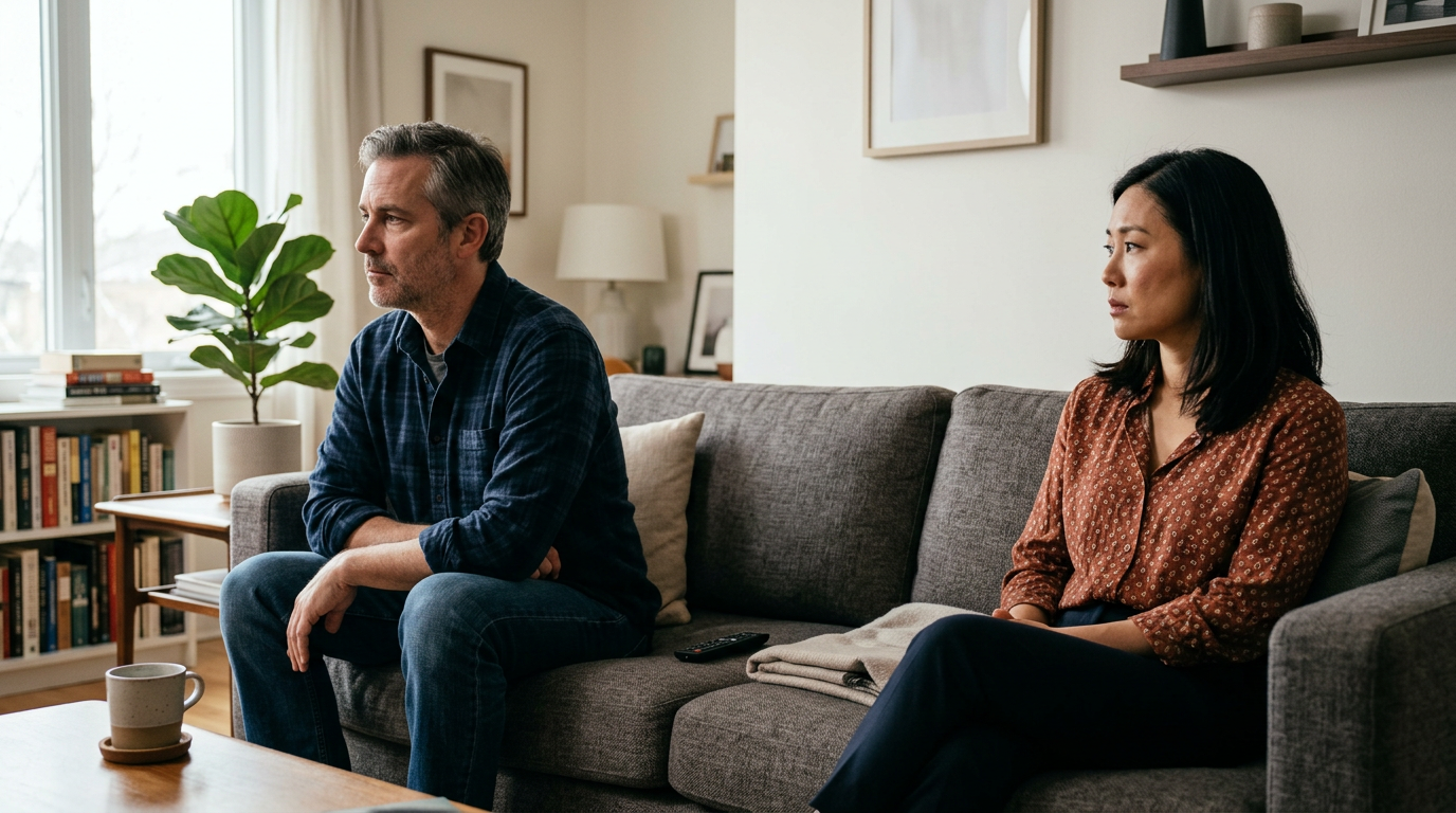 A husband and wife sitting on opposite ends of the couch, looking away from each other — the silent shape of emotional detachment in long marriages.